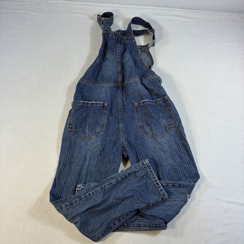 POL Small Pinstripe Denim Overalls Distressed Hickory Stripe Bib Women's